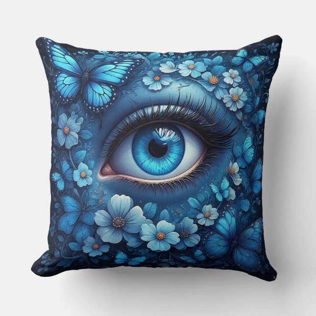 Coussin Œil Bleu Entouré De Fleurs Et De Papillons (Recto)