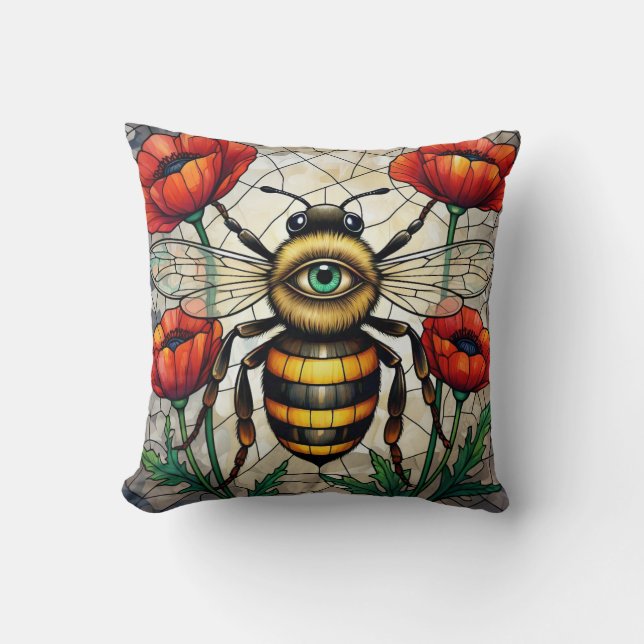 Coussin Œil d'abeille en vitrail Coquelicots Art d'insecte (Recto)