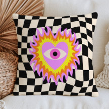 Œil Méchant Funky Cœur en Flammes Carreaux Rétro