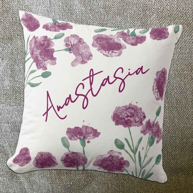 Coussin Œillet de naissance personnalisé de janvier (January birth month flower personalized custom script name watercolor carnation botanical art pillow)