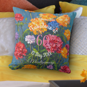 Coussin Oeillets rose jaune sur bleu Joyeux anniversaire