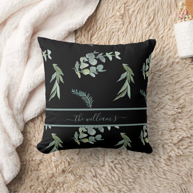 Coussin Oeucalyptus botanique motif vert noir (Couverture)