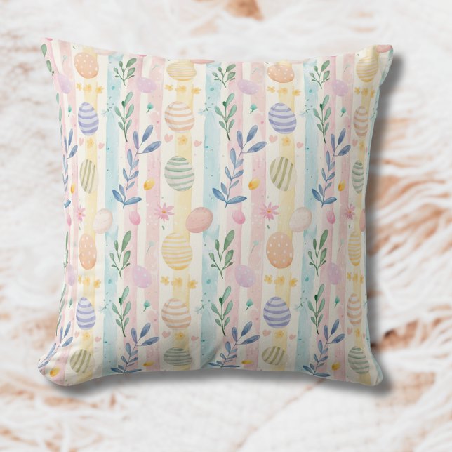 Coussin Œufs à rayures de Pâques à l'aquarelle pastel élég (Créateur téléchargé)