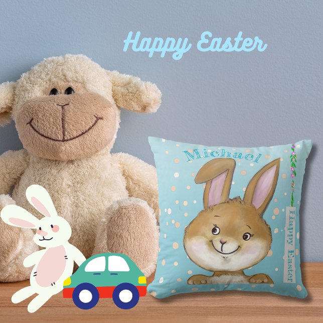 Coussin Oeufs de chasse à l'oeuf Enfants Oreille à lancer  (Egg-citing Egg Hunt Kids Blue Throw Pillow )