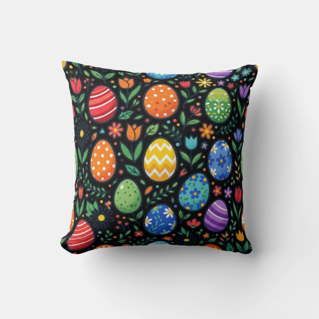 Coussin Œufs de Pâques et fleurs arc-en-ciel (Recto)