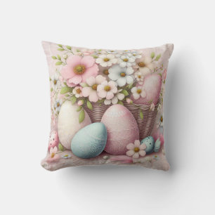 Coussin Oeufs de Pâques floraux roses en dentelle monogram