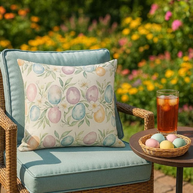 Coussin Œufs de Pâques pastel et verdure (Create cozy outdoor living spaces with throw pillows.  This pillow is perfect for Easter )