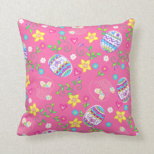 Coussin Oeufs, fleurs et paniers roses de pâques