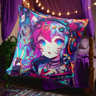 Coussin Oeuvre colorée Glitchcore Anime Girl