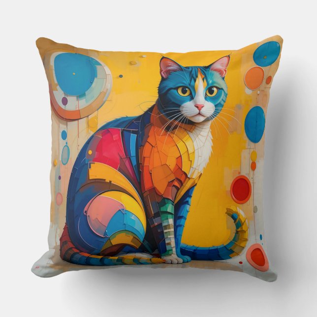 Coussin Œuvre d'art abstraite colorée de chat (Recto)