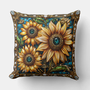 Coussin Œuvre d'art de tournesol ornée encadrée d'or