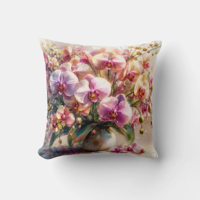 Coussin Œuvre d'art florale à l'aquarelle d'orchidée (Recto)