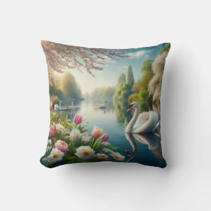 Coussin OEuvre d'art printanière du lac des cygnes floraux
