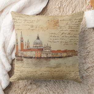 Coussin Œuvre d'art romantique vintage de Venise avec écri