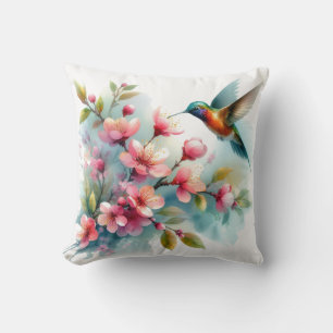 Coussin OEuvre florale/printanière de colibri