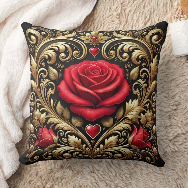 Coussin Oeuvre luxueuse Red Rose et Gold Heart (Couverture)