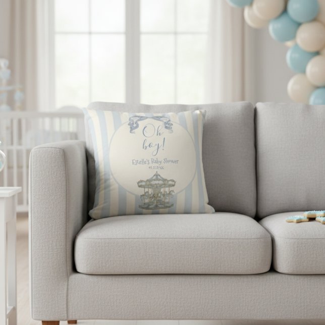 Coussin Oh Boy Blue Bow Carousel Horse Circus Baby Shower  (Créateur téléchargé)