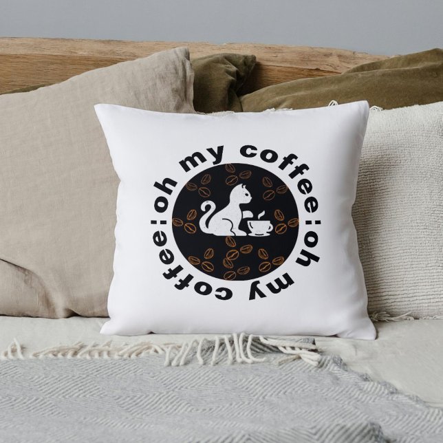 Coussin Oh My Coffee Funny Cool mignon Chat Blanc Animal d (Créateur téléchargé)