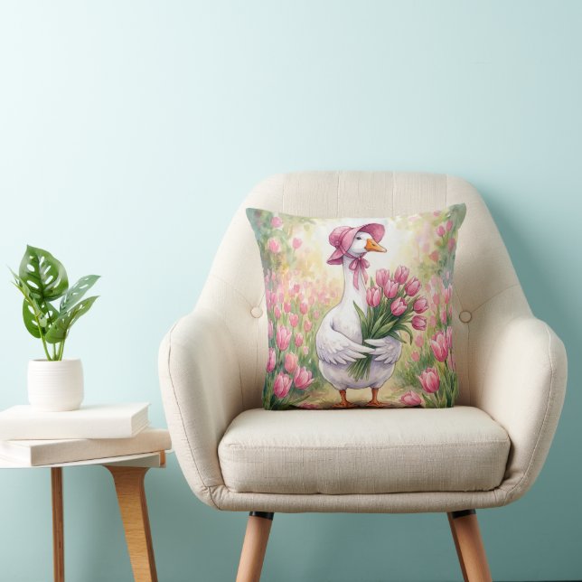 Coussin Oie blanche avec tulipes roses (Chaise)