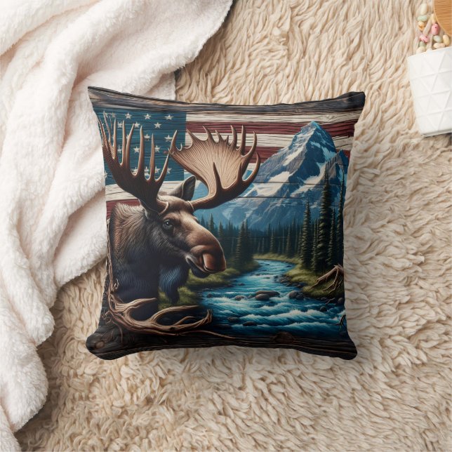Coussin Oie devant la montagne et drapeau américain (Couverture)