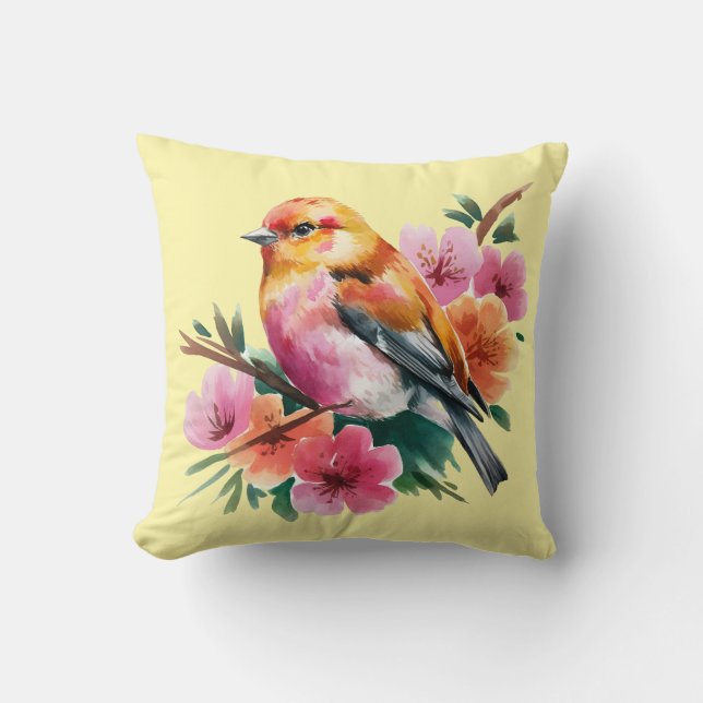 Coussin Oiseau à Fleur Rose (Recto)