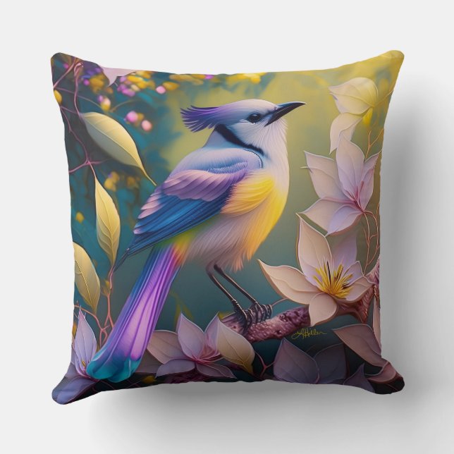 Coussin Oiseau à poitrine jaune violet (Verso)