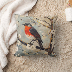 Coussin Oiseau à Poitrine Rouge dans un Arbre à Fleurs Bla