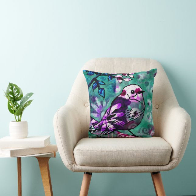 Coussin Oiseau Abstrait blanc Floral Turquoise pourpre (Chaise)