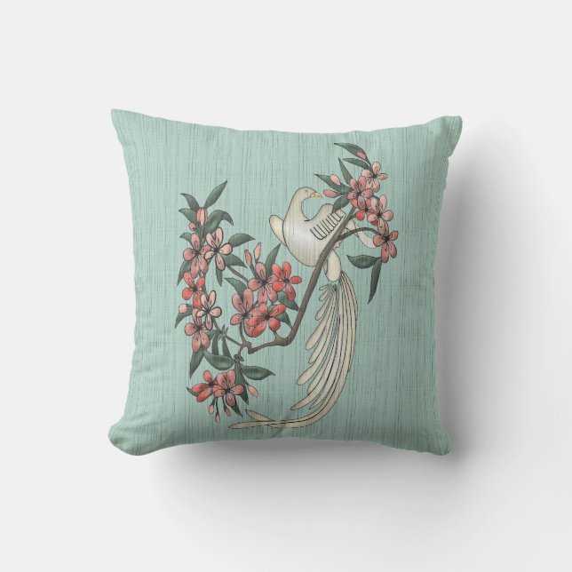 Coussin Oiseau blanc droit - Fleurs de cerisiers 2 Aqua (Recto)