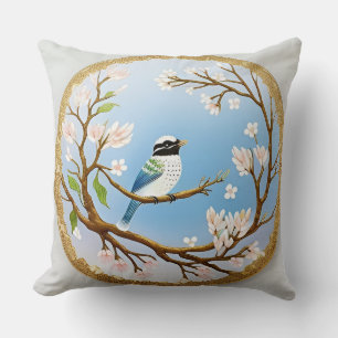 Coussin Oiseau bleu coloré perché sur une branche en fleur