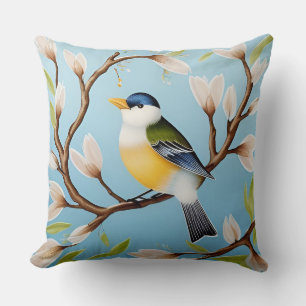 Coussin Oiseau bleu coloré perché sur une branche en fleur