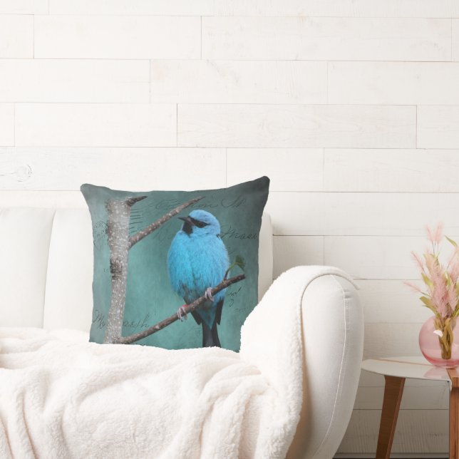 Coussin Oiseau bleu sur une branche en techniques mixtes (Canapé)