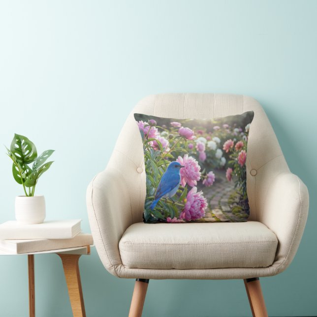 Coussin Oiseau bleu sur une pivoine rose (Chaise)