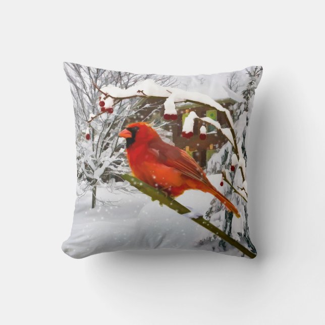 Coussin Oiseau cardinal, neige, hiver, carreau (Recto)