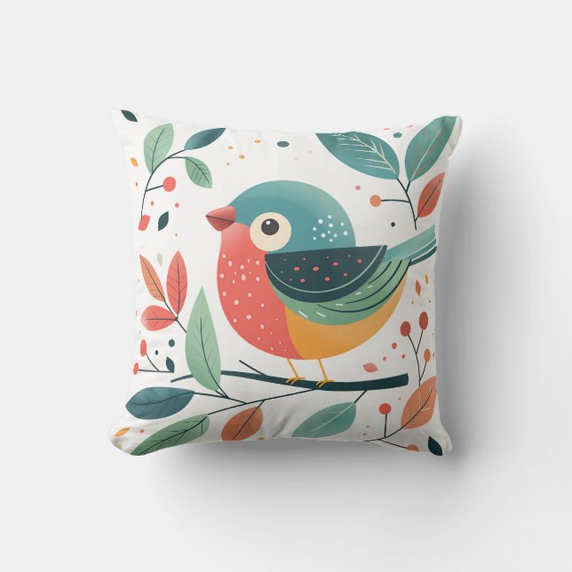 Coussin Oiseau caricatural mignon avec Feuilles et baies (Recto)