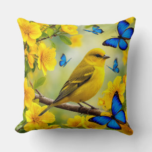 Coussin Oiseau chanteur jaune vif perché sur une branche