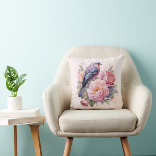 Coussin Oiseau chanteur perché sur des pivoines roses