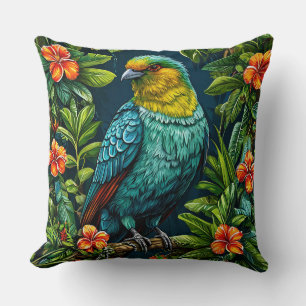 Coussin Oiseau coloré au cadre floral