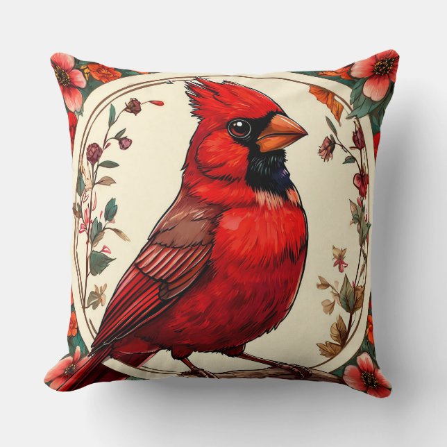 Coussin Oiseau Coloré avec Cadre Floral (Recto)