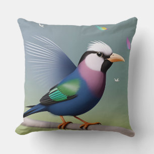 Coussin Oiseau coloré perché sur un poteau en bois