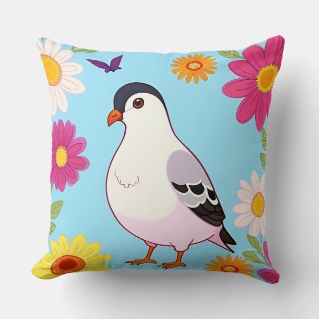 Coussin Oiseau Coloré sur Branche Encadré de Fleurs (Recto)