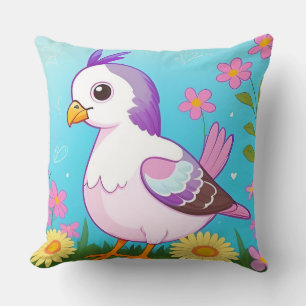 Coussin Oiseau coloré sur une branche encadré de fleurs