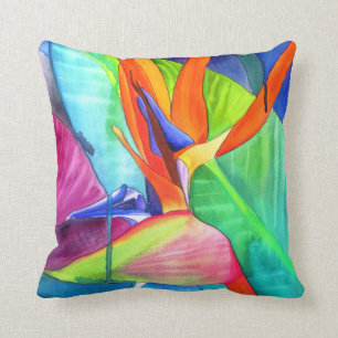 Coussin Oiseau d'art moderne pour aquarelle de fleur de