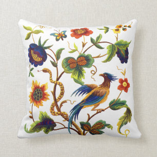 Coussin Oiseau de broderie Jacobean de Faux de paradis