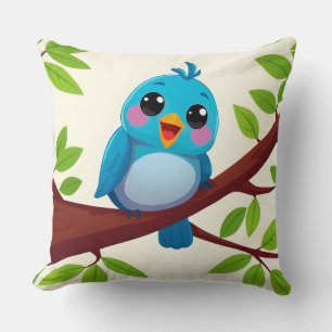 Coussin Oiseau de dessin animé bleu heureux – Cadeau de na