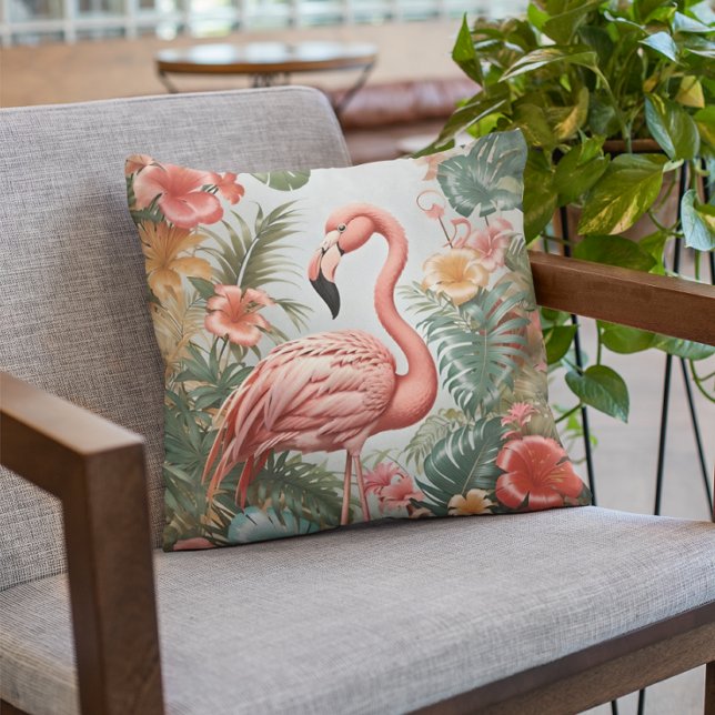 Coussin Oiseau de Flamant rose rose élégant et fleurs trop (Créateur téléchargé)