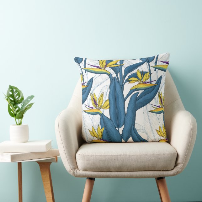 Coussin Oiseau de fleurs de paradis sur blanc (Chaise)