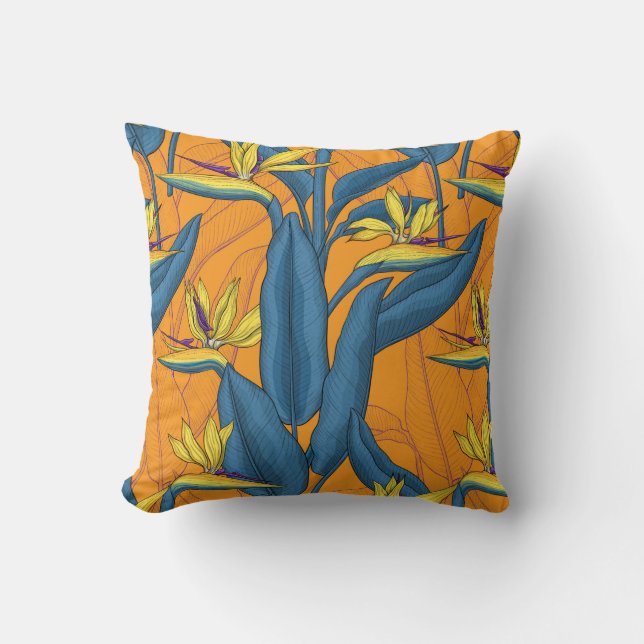 Coussin Oiseau de fleurs paradisiaques sur orange (Recto)
