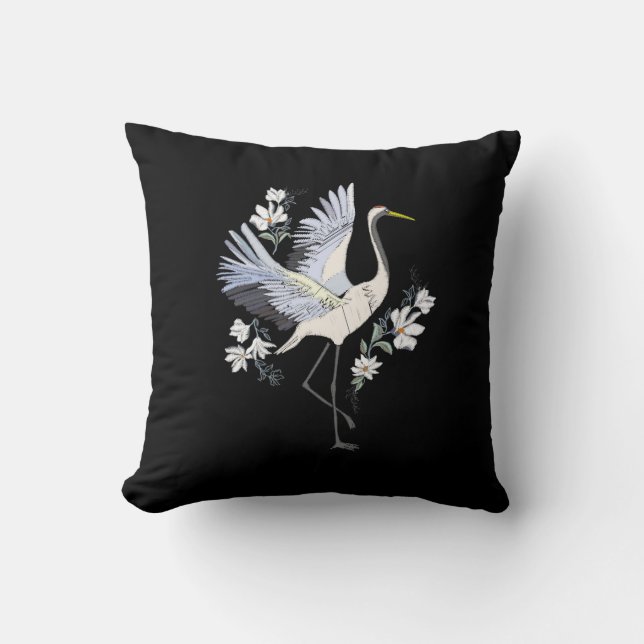 Coussin Oiseau de grue blanche et grise brodé Floral Noir (Recto)