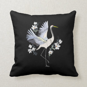 Coussin Oiseau de grue blanche et grise brodé noir floral